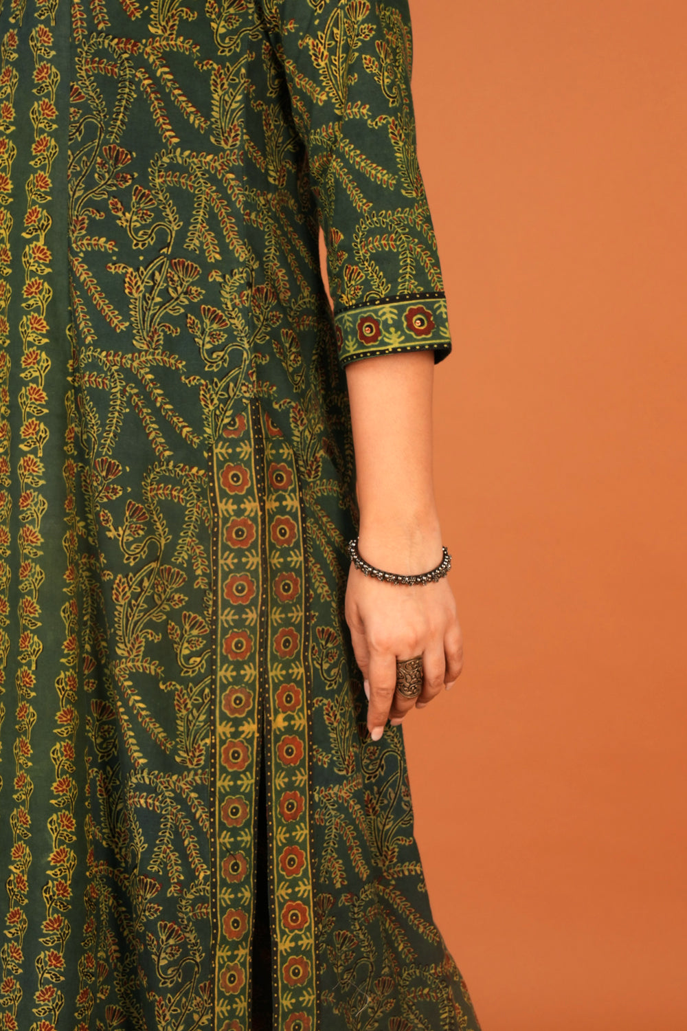 Image of Forest Green Ajrak handblock printed kurta with dupatta set